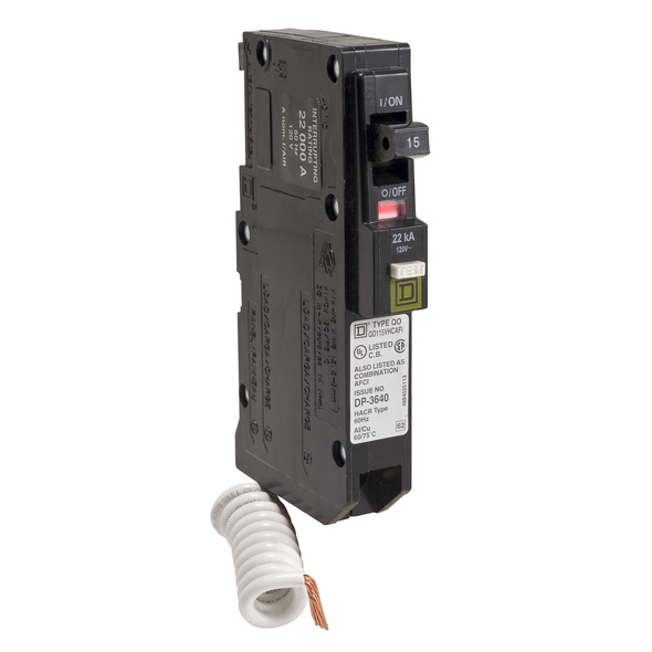 Schneider Electric QO115VHCAFI Mini circuit breaker, QO, 15A, 1 pole, 120VAC, 22kA, plug in, combo ARC fault, pigtail