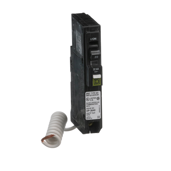 Schneider Electric QO120VHCAFI Mini circuit breaker, QO, 20A, 1 pole, 120VAC, 22kA, plug in, combo ARC fault, pigtail