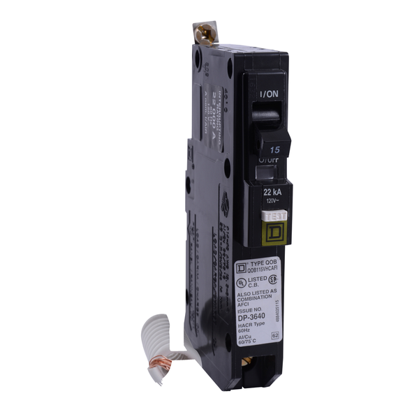 Schneider Electric QOB115VHAFI Mini circuit breaker, QO, 15A, 1 pole, 120VAC, 22kA, bolt on, ARC fault, pigtail