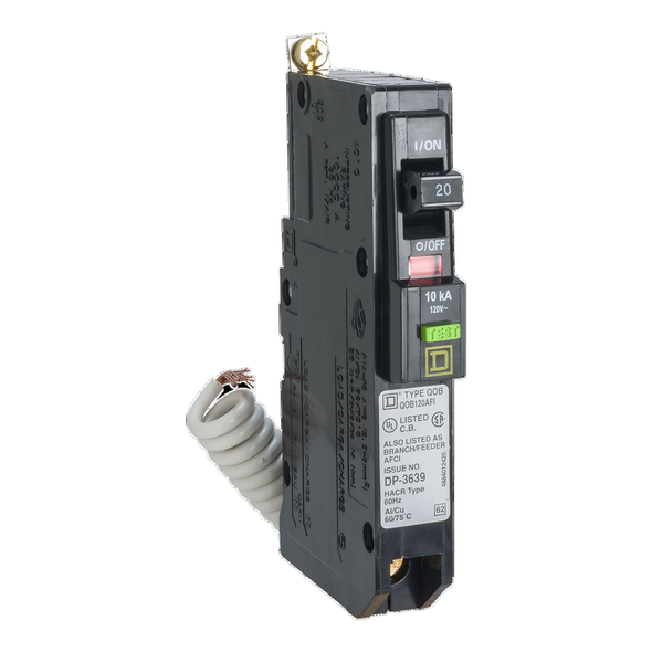 Schneider Electric QOB120VHCAFIFT Mini circuit breaker, QO, 20A, 1 pole, 120VAC, 22kA, bolt on, combo ARC fault, pigtail, fungal treatment