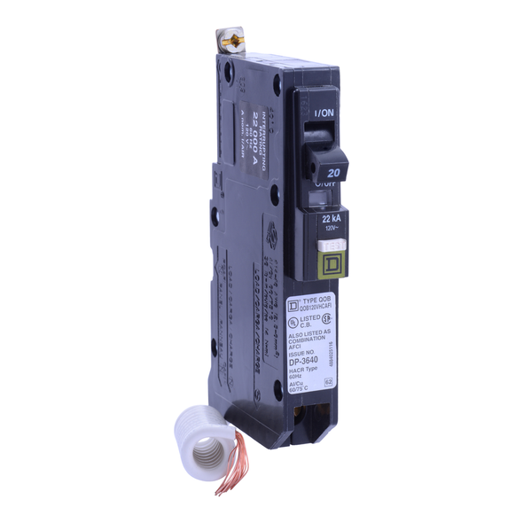 Schneider Electric QOB120VHAFI Mini circuit breaker, QO, 20A, 1 pole, 120VAC, 22kA, bolt on, ARC fault, pigtail