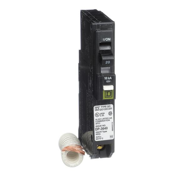 Schneider Electric QO120CAFIC Mini circuit breaker, QO, 20A, 1 pole, 120VAC, 10kA, plug in, combo ARC fault, pigtail, clam