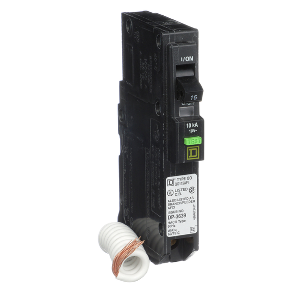 Schneider Electric QO115AFI Mini circuit breaker, QO, 15A, 1 pole, 120VAC, 10kA, plug in, ARC fault, pigtail