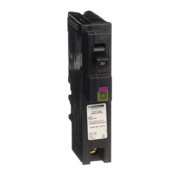 Schneider Electric HOM120PDFC Mini circuit breaker, Homeline, 20A, 1 pole, 120VAC, 10kA AIR, combo ARC/ground fault, plug on neutral, plug in, UL