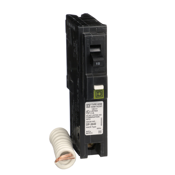 Schneider Electric HOM115CAFIC Mini circuit breaker, Homeline, 15A, 1 pole, 120VAC, 10kA AIR, combo arc fault, pigtail neutral, plug in, UL