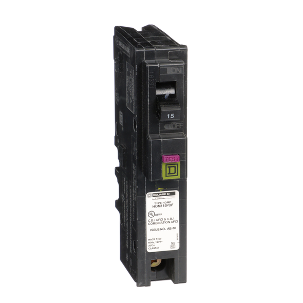 Schneider Electric HOM115PDFC Mini circuit breaker, Homeline, 15A, 1 pole, 120VAC, 10kA AIR, combo ARC/ground fault, plug on neutral, plug in, UL