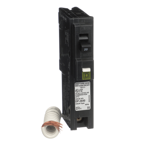 Schneider Electric HOM120CAFIC Mini circuit breaker, Homeline, 20A, 1 pole, 120VAC, 10kA AIR, combo arc fault, pigtail neutral, plug in, UL