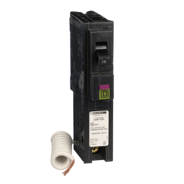 Schneider Electric HOM115DFC Mini circuit breaker, Homeline, 15A, 1 pole, 120VAC, 10kA AIR, combo ARC/ground fault, plug in, UL