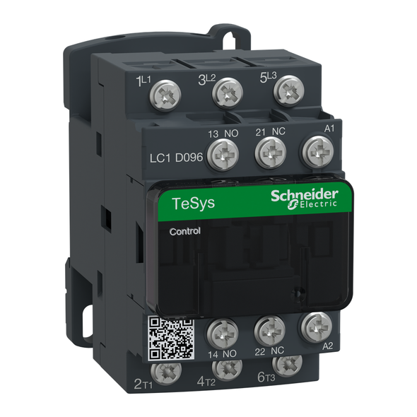 Schneider Electric LC1D096F7 IEC contactor, TeSys Deca, nonreversing, 9A, 5HP at 480VAC, 3 phase, 3 pole, 3 NO, 110VAC 50/60Hz coil, open style