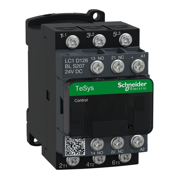 Schneider Electric LC1D126BLS207 IEC contactor, TeSys D, nonreversing, 12A, 7.5HP at 480VAC, 3 phase, 3 pole, 3 NO, low consumption 24 VDC coil, open