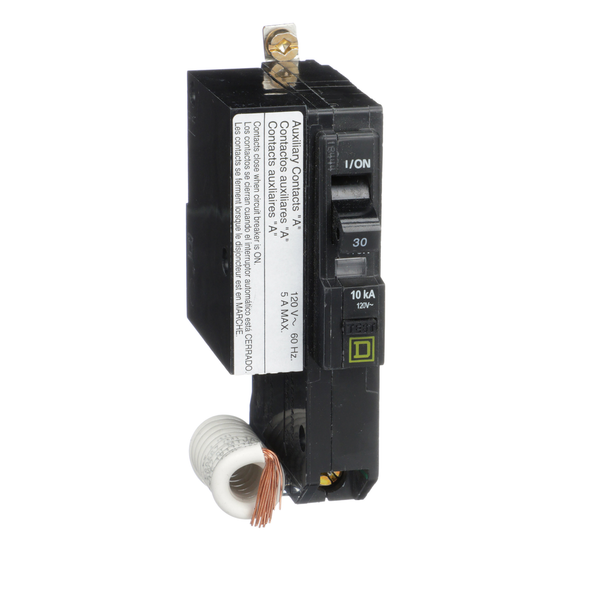 Schneider Electric QOB130EPD1200 Mini circuit breaker, QO, 30A, 1 pole, 120VAC, 10kA, bolt on, 30mA grd fault B, aux switch 1A