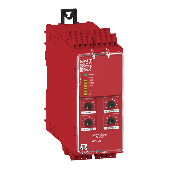 Schneider Electric XPSUAT13A3AC safety module, Harmony XPSU, Cat4, features XPSUAK with delayed outputs, 24V AC or DC, spring