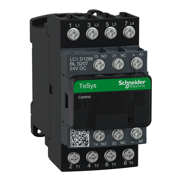 Schneider Electric LC1D1286BLS207 IEC contactor, TeSys D, nonreversing, 25A resistive, 4 pole, 2 NO and 2 NC, low consumption 24VDC coil, open style