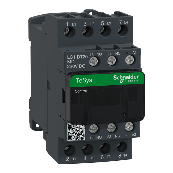 Schneider Electric LC1DT20MD IEC contactor, TeSys Deca, nonreversing, 20A resistive, 4 pole, 4 NO, 220VDC coil, open style