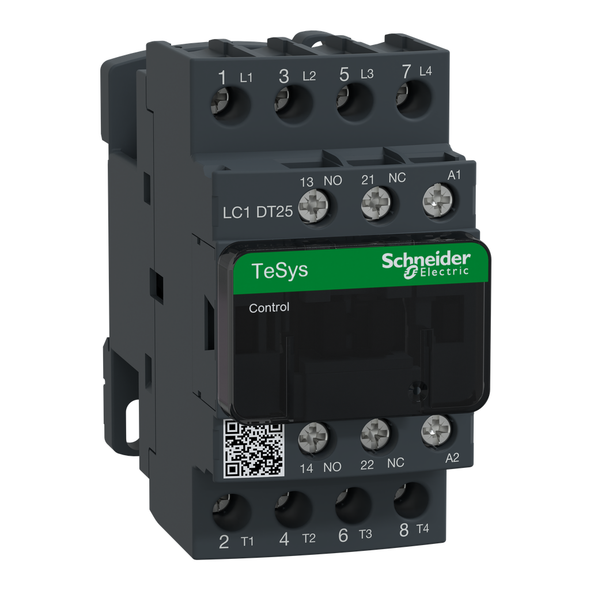 Schneider Electric LC1DT25G7 IEC contactor, TeSys Deca, nonreversing, 25A resistive, 4 pole, 4 NO, 120VAC 50/60Hz coil, open style