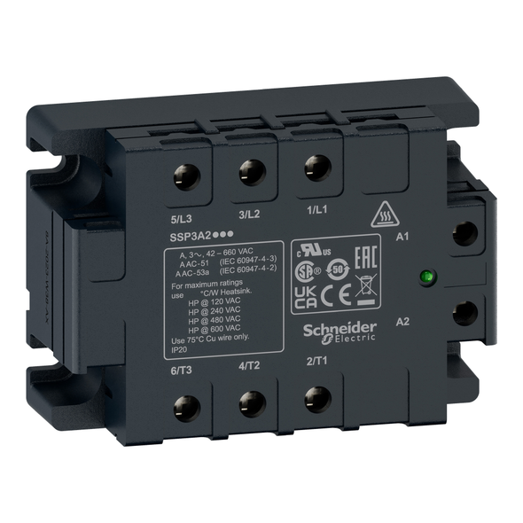 Schneider Electric SSP3A250P7RT three phase relay, Harmony Solid State Relays, 50A, panel mount, random switching, thermal pad, input 90â€¦280V AC, output 42â€¦660V AC