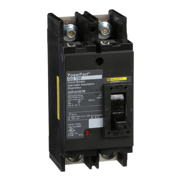 Schneider Electric QGP22150TM Circuit breaker, PowerPacT Q, 150A, 2 pole, 240VAC, 65kA, lugs, thermal magnetic, 80%, bottom of panel