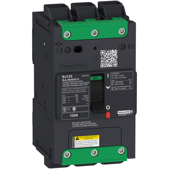 Schneider Electric BDL36000S12 Automatic switch, PowerPacT B, 125A, 3 pole, 600VAC, 14kA, EverLink lug, magnetic