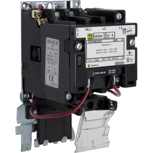 Schneider Electric 8536SBO2V02ES NEMA Motor Starter, Type S, nonreversing, Size 0, 18A, 5 HP at 460 VAC, up to 65 kA SCCR, 3 phase, 3 pole, bimetal, 120 VAC coil, open