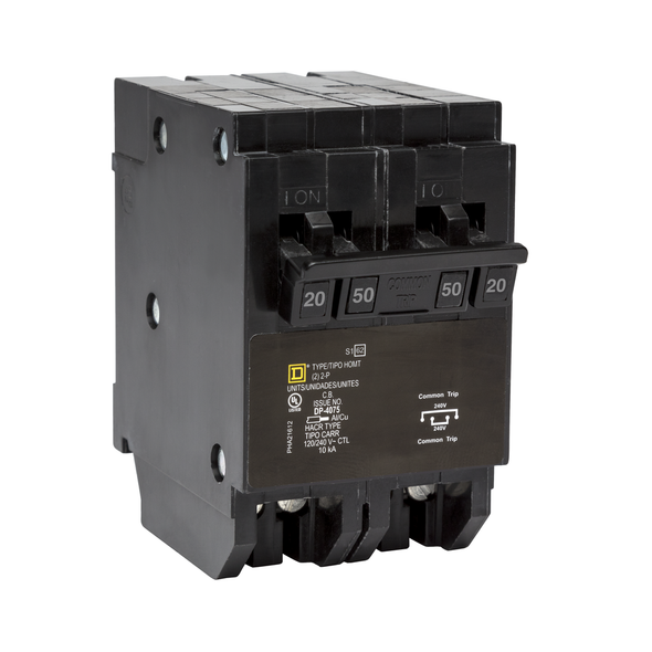 Schneider Electric HOMT220250CP Quad tandem circuit breaker, Homeline, 1 x 2 pole at 20A, 1 x 2 pole at 50A, 120/240VAC, 10kA AIR, plug in, UL