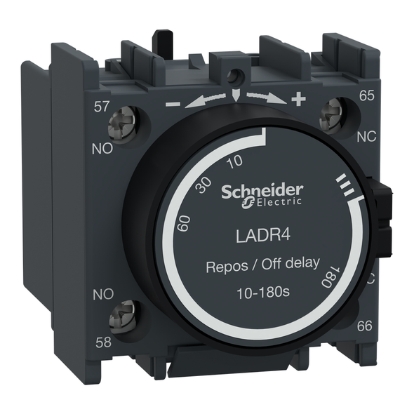 Schneider Electric LADR4 Time delay auxiliary contact block, TeSys Deca, 1NO + 1NC, off delay 10-180s, front, screw clamp terminals