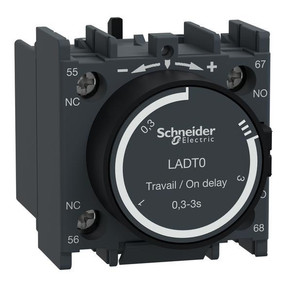 Schneider Electric LADT0 Time delay auxiliary contact block, TeSys Deca, 1NO + 1NC, on delay 0.3-3s, front, screw clamp terminals