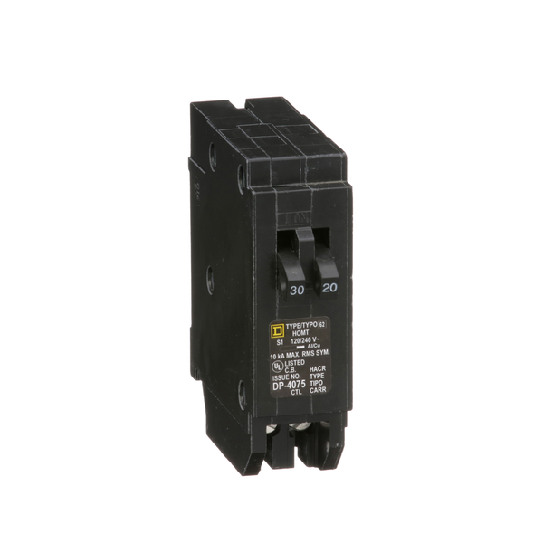 Schneider Electric HOMT3020 Tandem circuit breaker, Homeline, 1 x 1 pole at 30A, 1 x 1 pole at 20A, 120/240VAC, 10kA AIR, plug in, UL