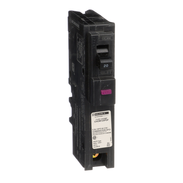 Schneider Electric CHOM120PDF Mini circuit breaker, Homeline, 20A, 1 pole, 120VAC, 10kA AIR, combo ARC/ground fault, plug on neutral, plug in, UL