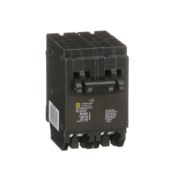 Schneider Electric HOMT1515220CP Tandem circuit breaker, Homeline, 2 x 1 pole at 15A, 1 x 2 pole at 20A, 120/240VAC, 10kA AIR, plug in, UL