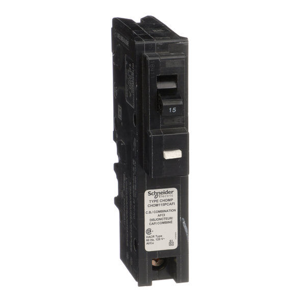 Schneider Electric CHOM115PCAFI Mini circuit breaker, Homeline, 15A, 1 pole, 120VAC, 10kA AIR, combo arc fault, plug on neutral, plug in, UL