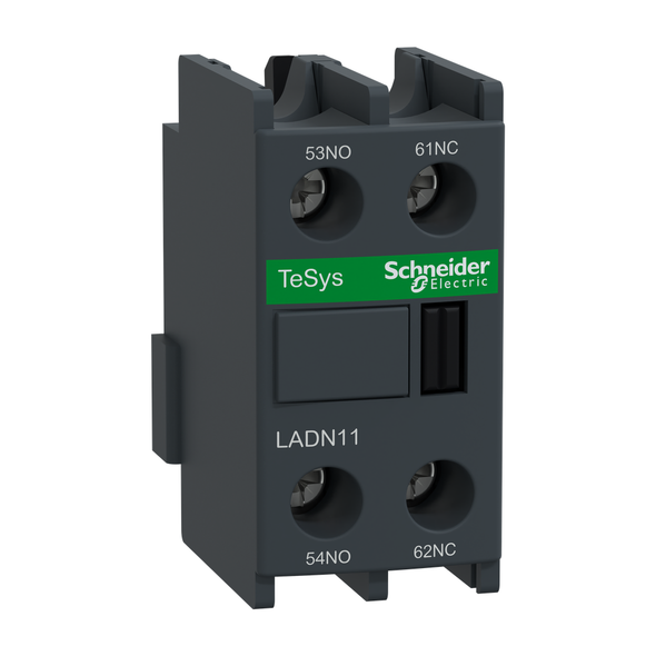 Schneider Electric LADN11 TeSys Deca, auxiliary contact block, 1 NO and 1 NC, top mount, screw clamp terminals, for LC1D09 to LC1D150 contactors