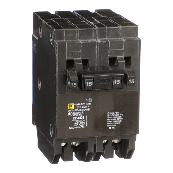 Schneider Electric HOMT1515215CP Tandem circuit breaker, Homeline, 2 x 1 pole at 15A, 1 x 2 pole at 15A, 120/240VAC, 10kA AIR, plug in, UL