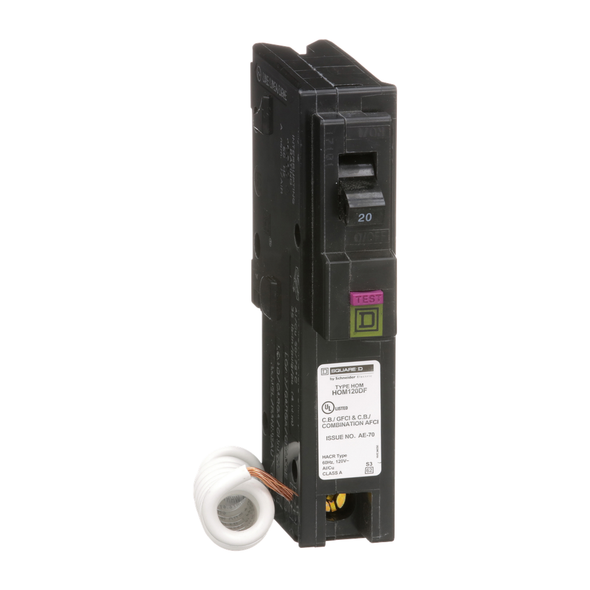 Schneider Electric HOM120DF Mini circuit breaker, Homeline, 20A, 1 pole, 120VAC, 10kA AIR, combo ARC/ground fault, plug in, UL