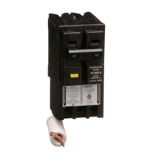 Schneider Electric CHOM220GFI Mini circuit breaker, Homeline, 20A, 2 pole, 120/240VAC, 10kA AIR, ground fault class A, plug in, UL