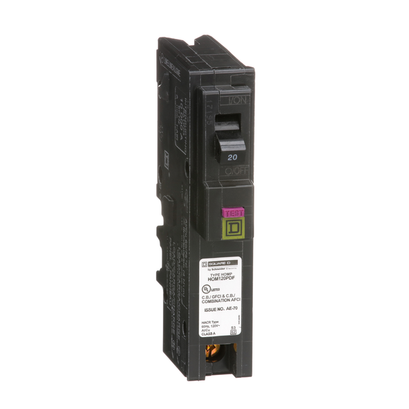 Schneider Electric HOM120PDF Mini circuit breaker, Homeline, 20A, 1 pole, 120VAC, 10kA AIR, combo ARC/ground fault, plug on neutral, plug in, UL