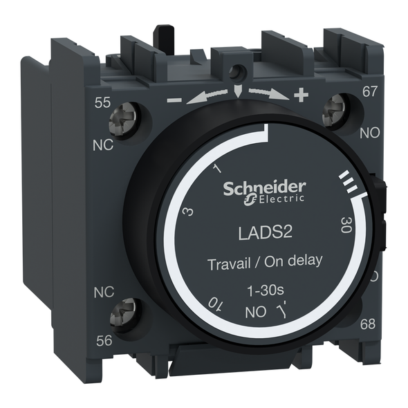 Schneider Electric LADS2 Time delay auxiliary contact block, TeSys Deca, 1NO + 1NC, on delay 1-30s, front, screw clamp terminals