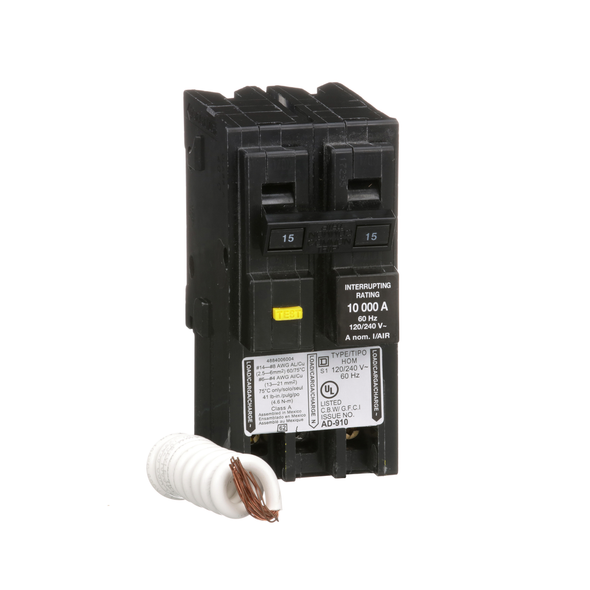 Schneider Electric HOM215GFI Mini circuit breaker, Homeline, 15A, 2 pole, 120/240VAC, 10kA AIR, ground fault class A, plug in, UL