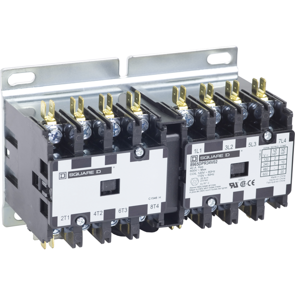 Schneider Electric 8965DPR34V02 Reversing Hoist Contactor, 30A, 4 pole, 110/120VAC 50/60Hz coil, open style