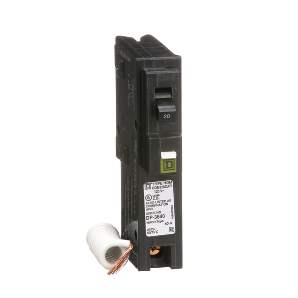 Schneider Electric HOM120CAFI Mini circuit breaker, Homeline, 20A, 1 pole, 120VAC, 10kA AIR, combo arc fault, pigtail neutral, plug in, UL