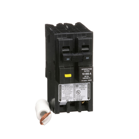 Schneider Electric HOM230GFI Mini circuit breaker, Homeline, 30A, 2 pole, 120/240VAC, 10kA AIR, ground fault class A, plug in, UL