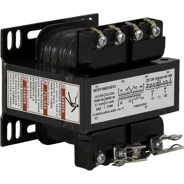 Schneider Electric 9070T100D1SF41 Transformer, Type T, industrial control, 100VA, 1 phase, 240x480V primary, 120V secondary, 55C rise