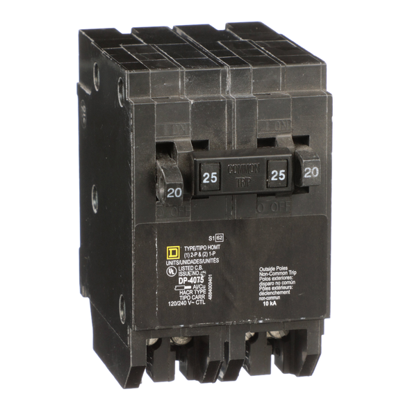 Schneider Electric HOMT2020225 Tandem circuit breaker, Homeline, 2 x 1 pole at 20A, 1 x 2 pole at 25A, 120/240VAC, 10kA AIR, plug in, UL