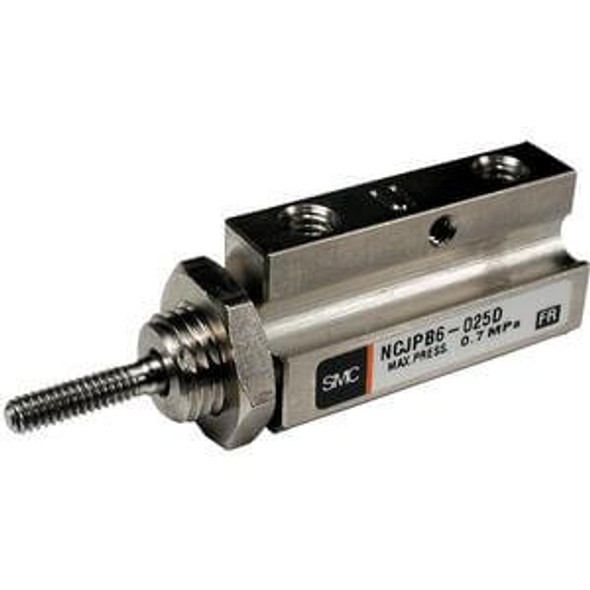 <h2>NC(D)JP, Pin Cylinder, Double Acting, Single Rod</h2><p><h3>The compact design of series NCJP double acting pin cylinder minimizes mounting space. The NCJP is available in five mounting options to accommodate many design styles. Bore sizes include 6, 10 and 15mm with strokes ranging from 5 to 30mm. Other features include brass panel mounting nuts, stainless steel piston rod and brass bodies. The NCJP series is also available in an auto switch capable model. </h3>- <p><a href="https://content2.smcetech.com/pdf/NCJP.pdf" target="_blank">Series Catalog</a>