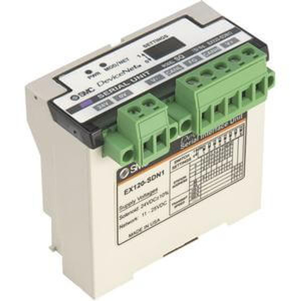 <h2>EX120/121/122, SI Unit,  Integrated Type for Output</h2><p><h3>Serial interface unit EX120 controls up to 16 solenoid outputs and is compatible with series SV1000/2000/3000/4000, VQ1000/2000, SX3000/5000 and SY3000/5000 valves.  Available protocols include, but are not limited to DeviceNet , PROFIBUS-DP , CC-Link, and AS-i.</h3>- Compatible with series SV1000/2000/3000/4000, VQ1000/2000, SY3000/5000<br>- IP20 enclosure<br>- Available with a variety of communication protocols<br>- Option UW1 and UH1 will soon be discontinued, please consider using CC-Link<p><a href="https://content2.smcetech.com/pdf/EX180.pdf" target="_blank">Series Catalog</a>