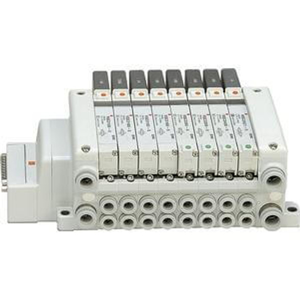 <h2>VV5QC21-F, 2000 Series, Base Mounted Manifold, Plug-in, D-sub Connector</h2><p><h3>The VQC series has five standard wiring packages bringing a world of ease to wiring and maintenance work, while the protective enclosures of three of them conform to IP67 standards for protection from dust and moisture. The use of multi-pin connectors to replace wiring inside manifold blocks provides flexibility when adding stations or changing manifold configuration. The VQC series has outstanding response times and long life.<br>- </h3>- Base mount plug-in manifold for VQC2000 valves<br>- Conforms to IP40<br>- 25 pin D-sub connector that conforms to MIL standards<br>- Maximum 24 stations available as standard<br>- Optional DIN rail mount<br>- 18 port sizes available<br>- <p><a href="https://content2.smcetech.com/pdf/VQC1_2000.pdf" target="_blank">Series Catalog</a>
