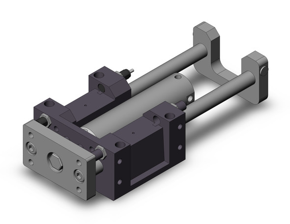 <h2>MGGM, Standard External Guided Cylinder, Slide Bearing</h2><p><h3>The MGGM integrates a round body cylinder for its power source with external guide rods to isolate the load bearing from the movement of the actuator s rod and seals for a compact and light weight unit. The carbon steel alloy slide bearing provides lateral stability protecting it from side load impacts, suitable for stopping applications. It is enhanced with shock absorbers at the end of stroke for maximum kinetic energy absorption. Non-rotating accuracy ranging from +/-0.02  for 100 mm bore to +/-0.07  for 20 mm bore.<br>- </h3>- Bore sizes: 20, 25, 32, 40, 50, 63, 80, 100 mm<br>- Available in basic or front flange mounting<br>- High temperature option, up to 150 C or 302 F (XB6)<br>- Dual stroke option, single rod (XC11)<br>- External shock absorbers as standard<br>- Auto switch capable<br>- <p><a href="https://content2.smcetech.com/pdf/MGG.pdf" target="_blank">Series Catalog</a>