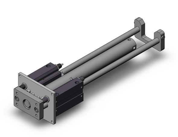 <h2>MGGM, Standard External Guided Cylinder, Slide Bearing</h2><p><h3>The MGGM integrates a round body cylinder for its power source with external guide rods to isolate the load bearing from the movement of the actuator s rod and seals for a compact and light weight unit. The carbon steel alloy slide bearing provides lateral stability protecting it from side load impacts, suitable for stopping applications. It is enhanced with shock absorbers at the end of stroke for maximum kinetic energy absorption. Non-rotating accuracy ranging from +/-0.02  for 100 mm bore to +/-0.07  for 20 mm bore.<br>- </h3>- Bore sizes: 20, 25, 32, 40, 50, 63, 80, 100 mm<br>- Available in basic or front flange mounting<br>- High temperature option, up to 150 C or 302 F (XB6)<br>- Dual stroke option, single rod (XC11)<br>- External shock absorbers as standard<br>- Auto switch capable<br>- <p><a href="https://content2.smcetech.com/pdf/MGG.pdf" target="_blank">Series Catalog</a>