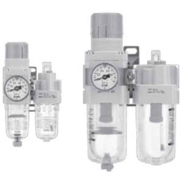 <h2>AC10A-A to AC40A-A, Filter Regulator and Lubricator</h2><p><h3>SMC S new AC-A series of modular type F.R.L. unit is available in five sizes and is interchangeable with the existing modular AC line. The pressure drop across the regulator has been reduced creating a more efficient unit with a maximum set pressure of 100 psi. The element and bowl on the AW and AF series is now one-piece, making element replacement easier. Required maintenance space has been reduced by as much as 46% on the AF series, depending on the body size. Bowls on the size 30 and 40 are now covered with a transparent bowl guard, completely protecting them from the environment, and making the interior contents visible from 360 degrees. The base color of the new AC-A series is urban white, maintaining a clean, modern look.</h3>- Filter regulator and lubricator unit<br>- Clean looking, modular design<br>- One-piece element and bowl for easy replacement (AW)<br>- Transparent bowl guard for 360 degree visibility<br>- Rc(PT), G(PF) or NPT threads <p><a href="https://content2.smcetech.com/pdf/AC_A.pdf" target="_blank">Series Catalog</a>