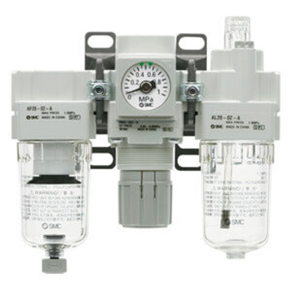 <h2>AC20-B to AC60-B, Air Filter, Regulator and Lubricator</h2><p><h3>SMC S new AC-B series of modular type F.R.L. unit is available in six basic sizes and is interchangeable with the existing modular AC line. The AC-B series has a maximum set pressure of 125 psi and offers embedded gauge and pressure switch options not found in the AC-A. The element and bowl on the AF series is now one-piece, making element replacement easier. Required maintenance space has been reduced by as much as 46% on the AFseries, depending on the body size. Bowls on size 30 and up are now covered with a transparent bowl guard, completely protecting them from the enviromnent, and making the interior contents visible from 360 degrees. The base color of the new AC-B is uban white, maintaining a clean, modern look.</h3>- Air filter, regulator and lubricator unit<br>- Clean looking, urban white, modular design<br>- Energy saving with high flow rate<br>- Transparent bowl guard<br>- Mounting interchangeable with existing product<br>- Improved installation<br>- Embedded gauge and pressure switch options available<br>- Rc, G, or NPT threads<br>-  <p><a href="https://content2.smcetech.com/pdf/FRL_C.pdf" target="_blank">Series Catalog</a>