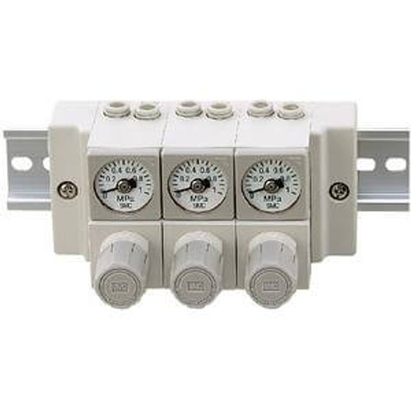 <h2>ARM11B, Small Manifold Regulator, Individual Supply</h2><p><h3>Air Regulator manifold series ARM is available in standard size 1000   2000 and the modular style is available in sizes 2500   3000. Standard models are available with 4 connection methods and have backflow function availability. Modular styles can be freely mounted on a manifold station and have easy set up using the new handle.</h3>- Manifold regulator, individual supply type<br>- IN/OUT fittings: straight   elbow (metric   inch)<br>- Proof pressure: 1.5MPa<br>- Ambient temperature: 5~60 C<br>- Accessories: pressure gauge<br>- Options: 0.35MPa setting, non-relieving, oil free<br>- <p><a href="https://content2.smcetech.com/pdf/ARM10_11.pdf" target="_blank">Series Catalog</a>